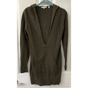 Vince 100% cashmere deep V-neck hooded tunic sweater dark green /dark brown